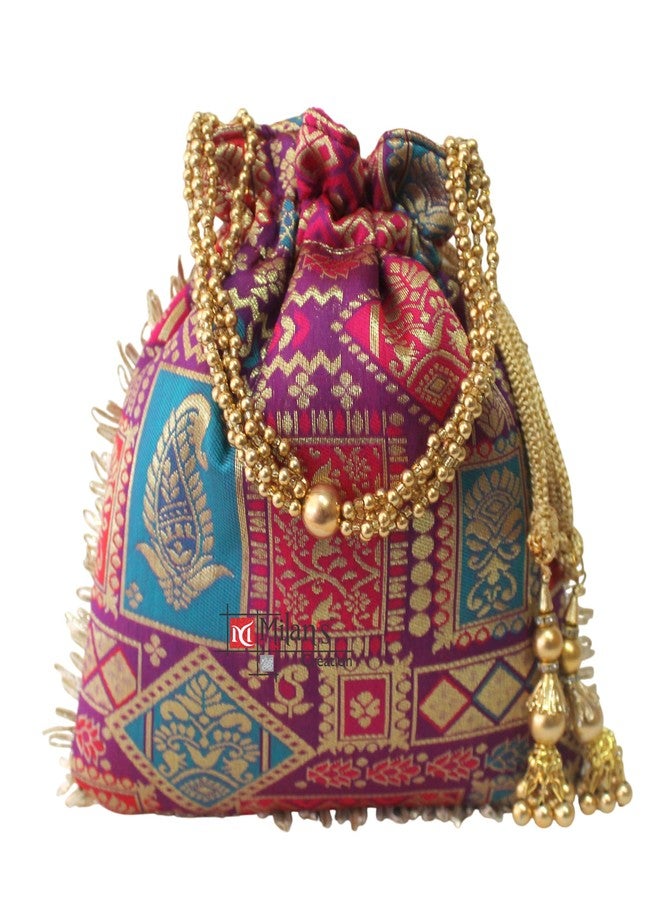 MILAN'S CREATION Patola Potli Banarasi Silk Brocade Bag Purse Drawstring Women's handbag with Pearl Handle & Tassel Weddings (Multicolor-Purple) - Image 4